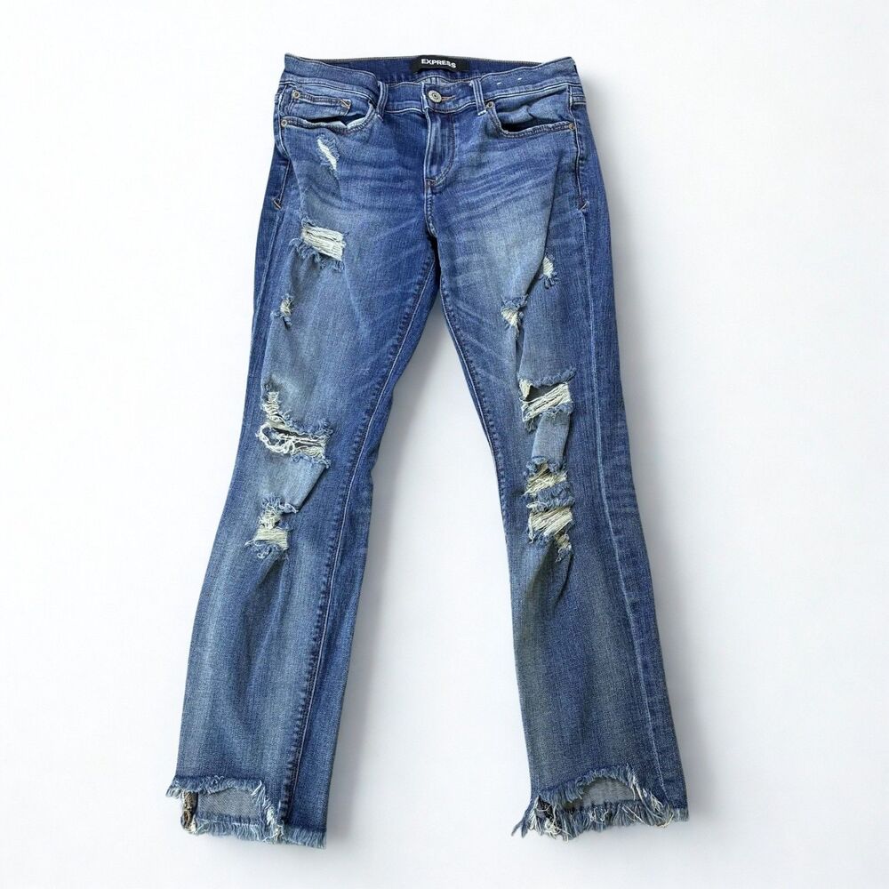 Express Jeans Women 6 Blue Cotton Denim Skinny Ankle Mid-Rise Distressed Stretch